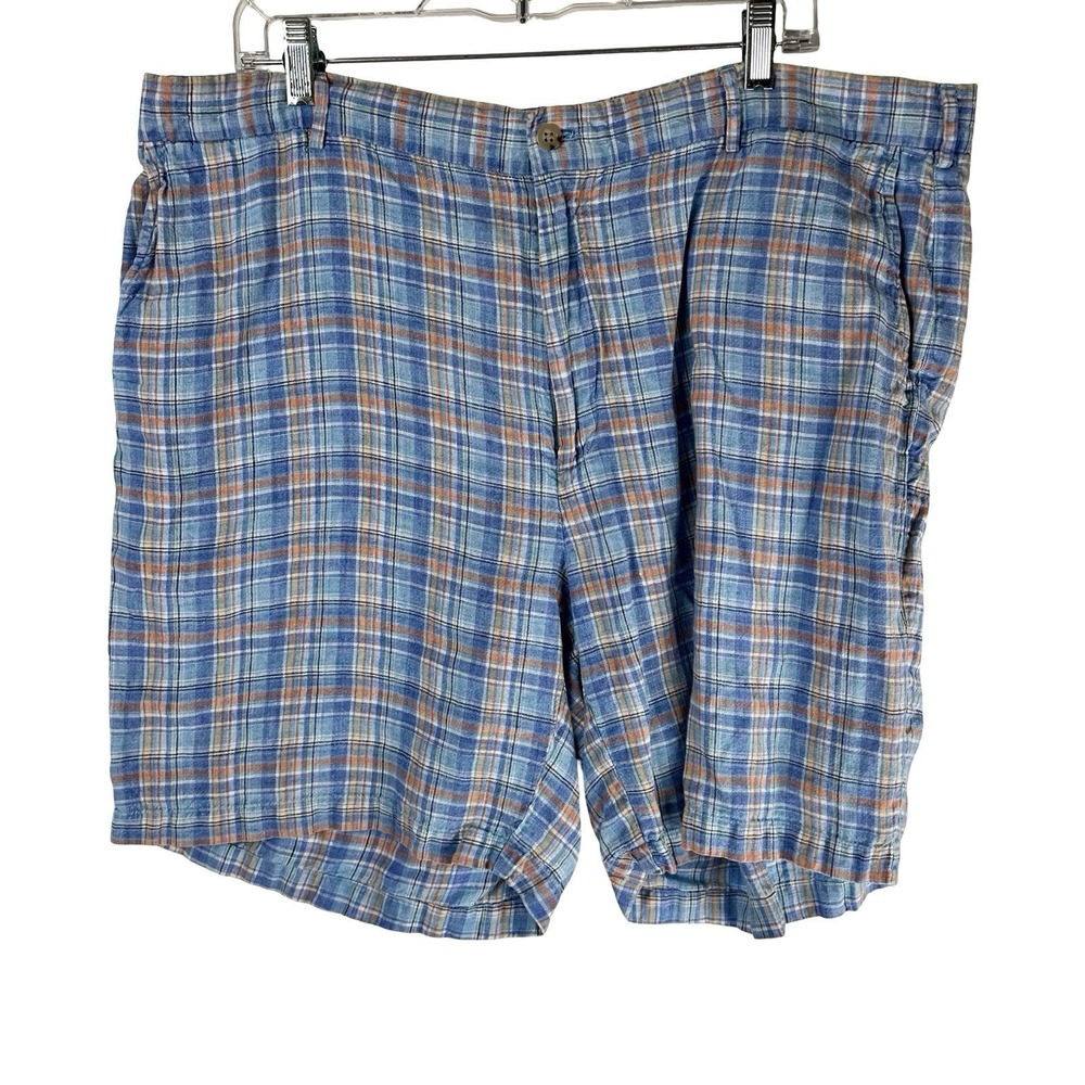 Peter Millar Plaid Linen Shorts Mens Sz 42 Blue Orange Casual Golf 8in Inseam